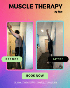 efore and after posture correction results using the MOVE program and Winback Tecar therapy at Muscle Therapy by Tom in Slough — improved shoulder and scapula mobility in just 4 months.